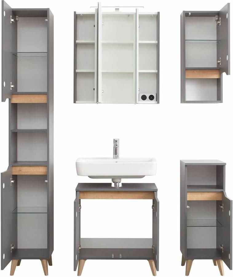 Saphir Badkamerserie Quickset 5-delig wastafelonderkast met led-spiegelkast Hoge kast onderkast hangend kastje inclusief deurdemper 9 deuren (5-delig) - Foto 5