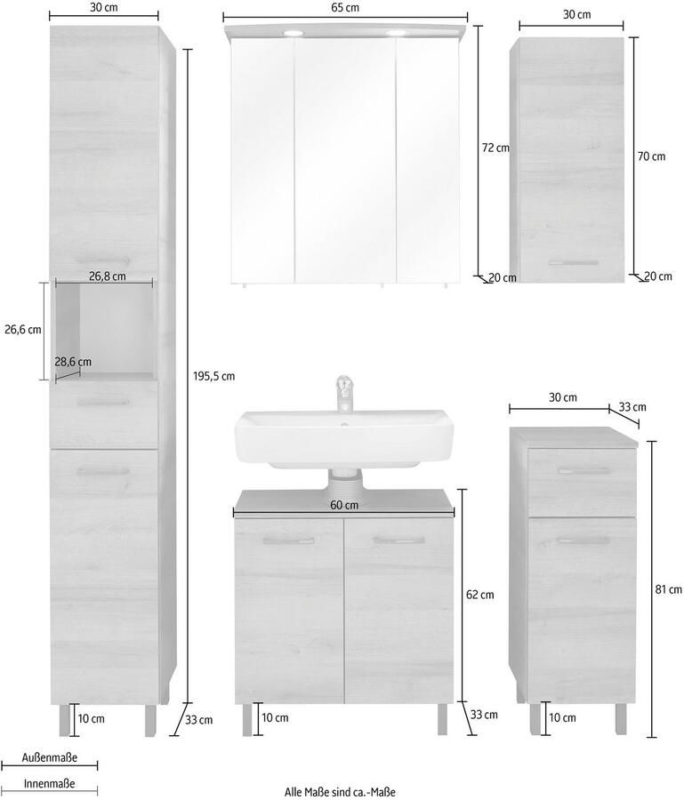 Saphir Badkamerserie Quickset 919 5-delig wastafelonderkast met LED-spiegelkast Hoge kast onderkast hangend kastje 9 deuren inclusief deurdemper (5-delig)
