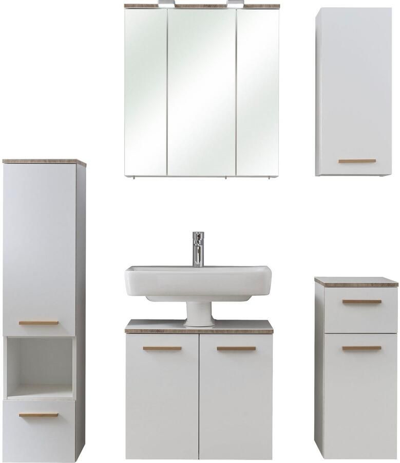 Saphir Badkamerserie Quickset 931 5-delig wastafelonderkast met LED-spiegelkast Middel kast onderkast hangkast incl. deurdemper wit glanzend (set 5-delig)