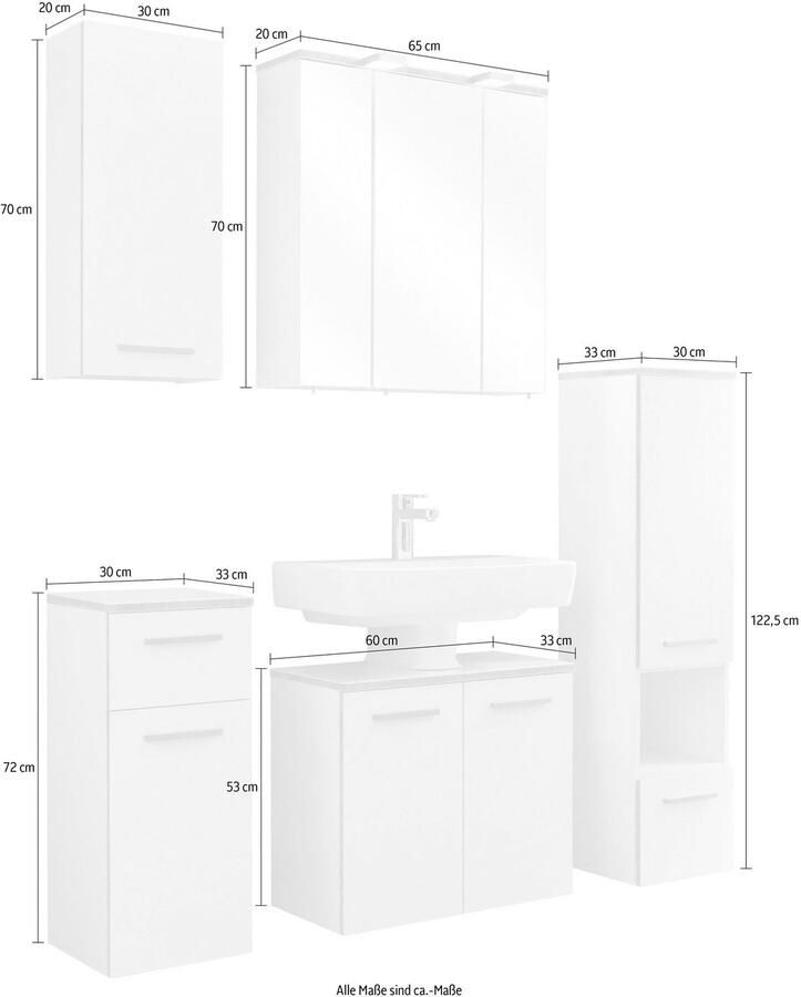 Saphir Badkamerserie Quickset 931 5-delig wastafelonderkast met LED-spiegelkast Middel kast onderkast hangkast incl. deurdemper wit glanzend (set 5-delig) - Foto 3