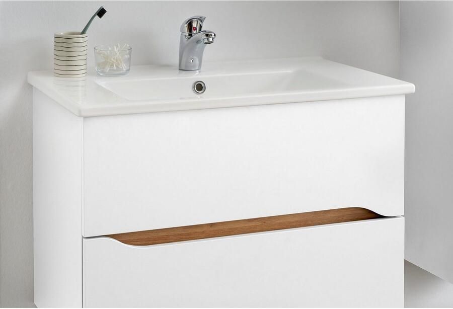 Saphir Badkamerserie Quickset keramische wastafel met onderkast 75 cm breed Wastafelmeubel onderkast met wasbak 2 laden greeploos (2-delig) - Foto 3