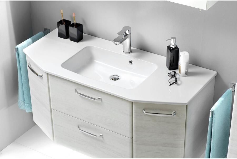 Saphir Badmeubelset Quickset 936 4-delig glazen wastafel en led-spiegelkast 2 hoge kasten eiken wit replica incl. deurdemper 9 deuren (set 4 stuks) - Foto 9