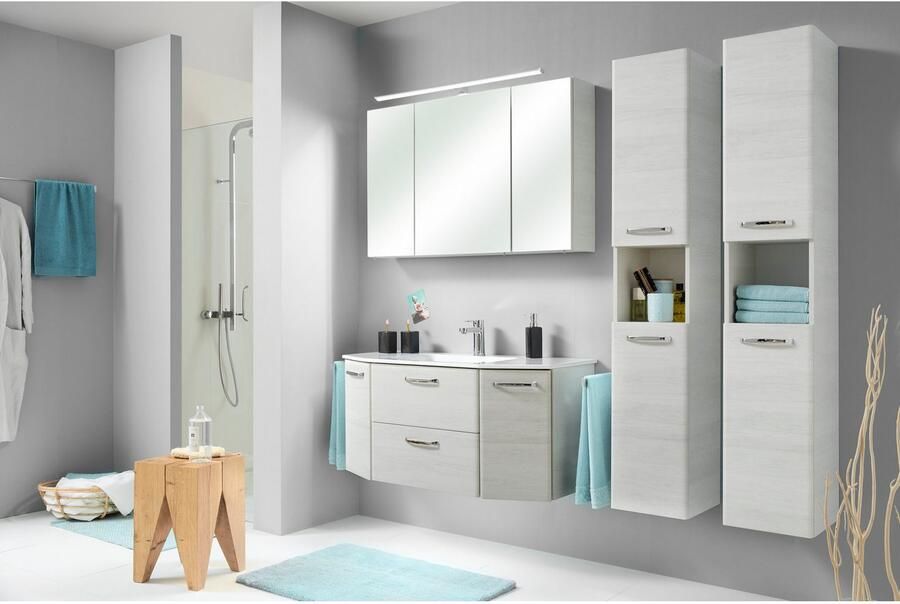 Saphir Badmeubelset Quickset 936 4-delig glazen wastafel en led-spiegelkast 2 hoge kasten eiken wit replica incl. deurdemper 9 deuren (set 4 stuks) - Foto 10