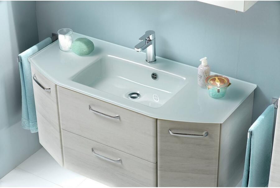 Saphir Badmeubelset Quickset 936 4-delig glazen wastafel en led-spiegelkast 2 hoge kasten eiken wit replica incl. deurdemper 9 deuren (set 4 stuks) - Foto 9