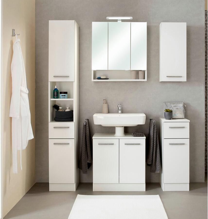 Saphir Badmeubelset Quickset 953 2-delig wastafelonderkast en led-spiegelkast in glanzend wit badkamermeubel inclusief deurdemper zonder wasbak 5 deuren (set)