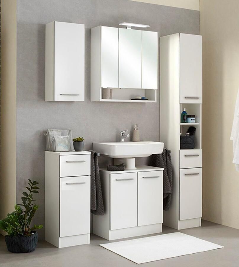 Saphir Badmeubelset Quickset 953 5-delig wastafelonderkast en led-spiegelkast in glanzend wit badkamermeubel inclusief deurdemper zonder wasbak 9 deuren (set 5 stuks)