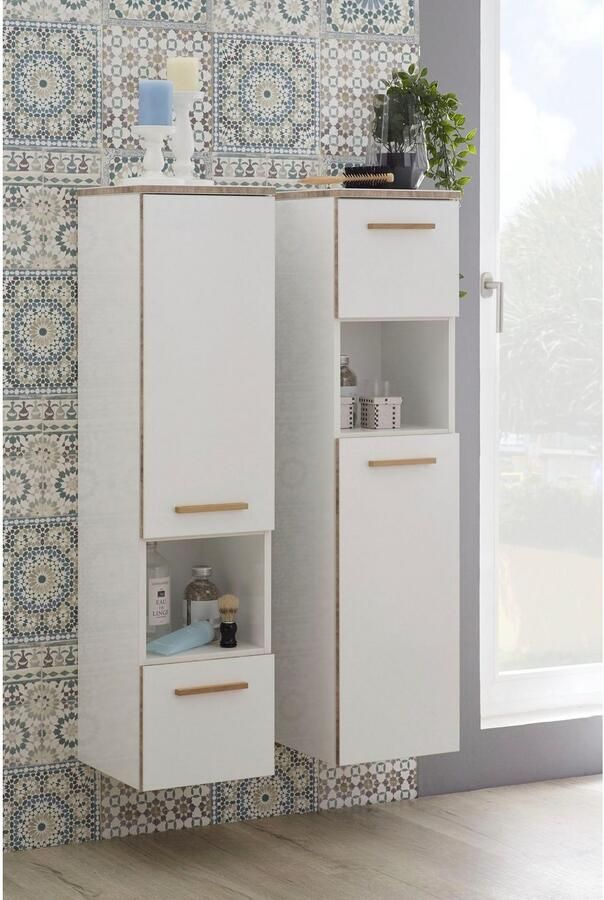 Saphir Halfhoge kast Quickset 931 Badkamermeubel in wit glans 1 deur 1 nis 1 lade 2 glasplateaus inclusief deurdemper 30 cm breed 123 2 cm hoog