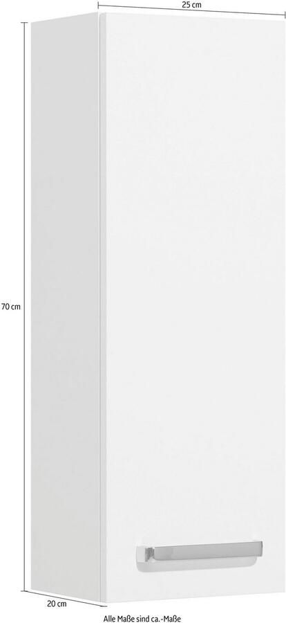 Saphir Hangend kastje Quickset wand-badkast 25 cm breed met 1 deur en 2 legplanken Badkamer-hangend kastje inclusief deurdemper grepen in glanzend chroom