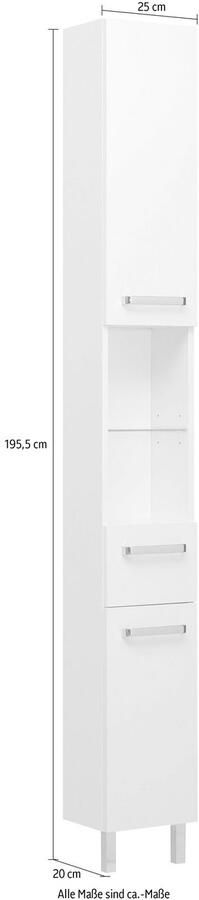 Saphir Hoge kast Quickset badkamermeubel 25 cm breed 2 deuren 2 nissen 1 lade Hoge badkamerkast inclusief deurdemper grepen in glanzend chroom - Foto 1