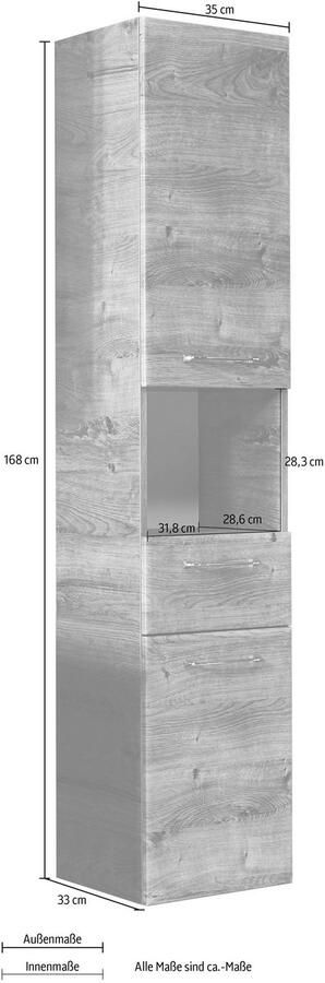 Saphir Hoge kast Quickset badkamermeubel 35 cm breed 2 deuren 1 nis 1 lade Hoge badkamerkast inclusief deurdemper grepen in glanzend chroom