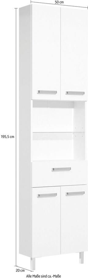 Saphir Hoge kast Quickset badkamermeubel 50 cm breed 4 deuren 2 nissen 1 lade Hoge badkamerkast inclusief deurdemper grepen in glanzend chroom