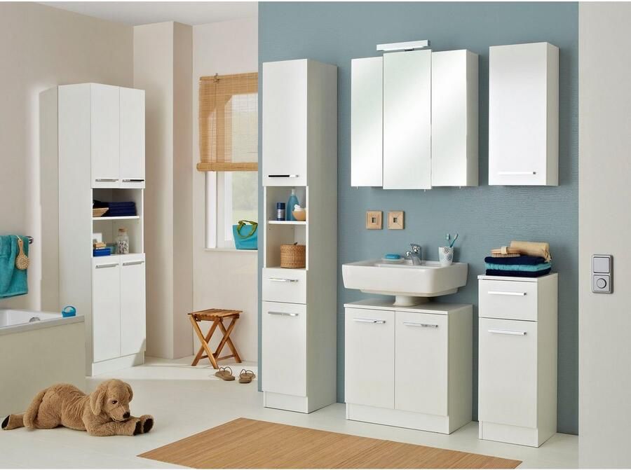 Saphir Onderkast Quickset 335 Badkamermeubel 1 deur 1 lade 30 cm breed Badkamer-onderkast glanzend wit grepen in glanzend chroom