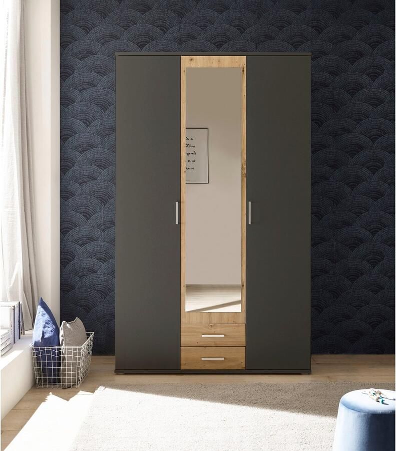 Woonexpress Kledingkast Beugen Grijs 120x196x54 cm (BxHxD) Draaideur Kast Compleet met planken en roede Met spiegel en lades Slaapkamer - Foto 2