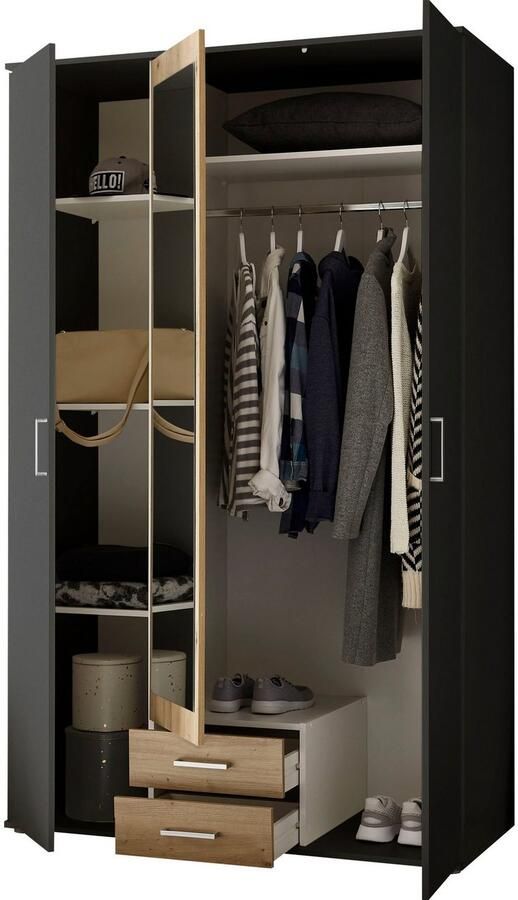 Woonexpress Kledingkast Beugen Grijs 120x196x54 cm (BxHxD) Draaideur Kast Compleet met planken en roede Met spiegel en lades Slaapkamer - Foto 8