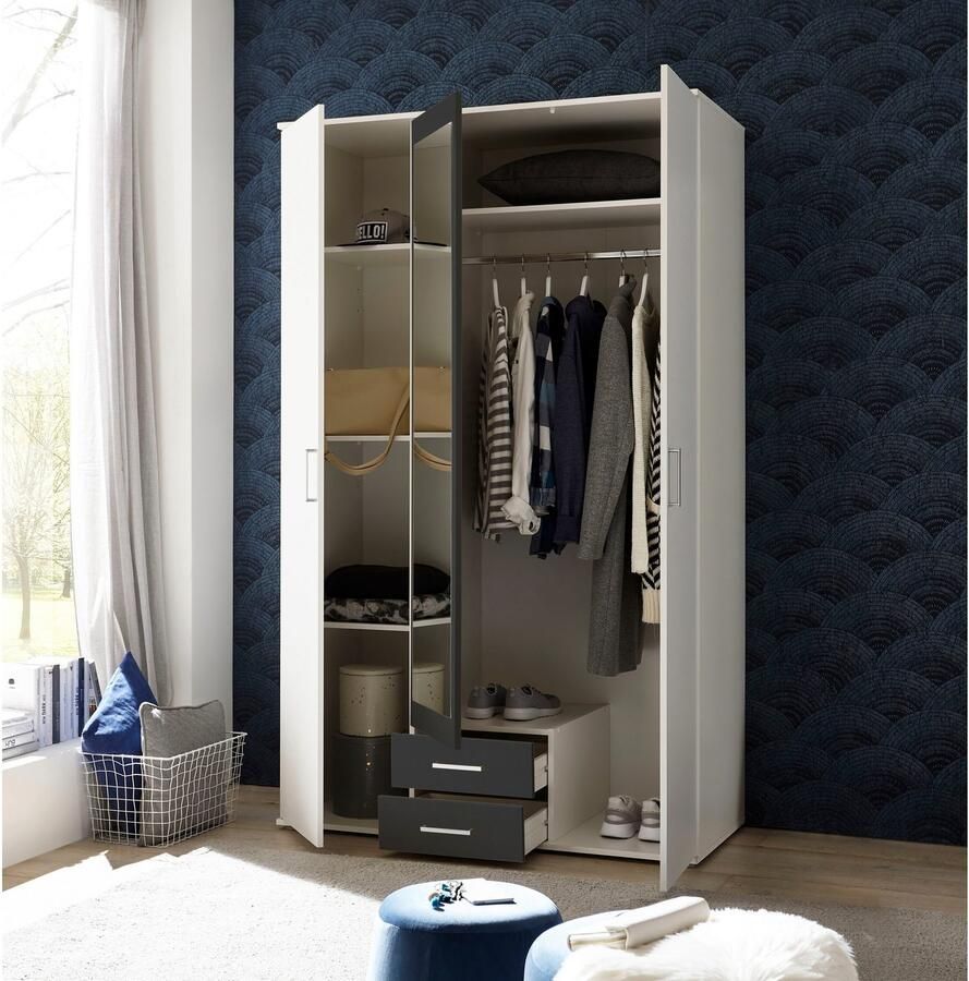 Power+ Pol Power Hanau kleerkast + spiegel melamine op houtbasis 3 deuren 120x196x54 cm