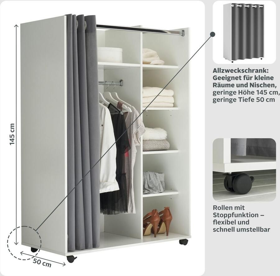 Schlafkontor Kledingkast Jenke kledingkast slaapkamerkast op wielen BESTSELLER Multifunctionele kledingkast met moderne gordijngarderobe - Foto 3