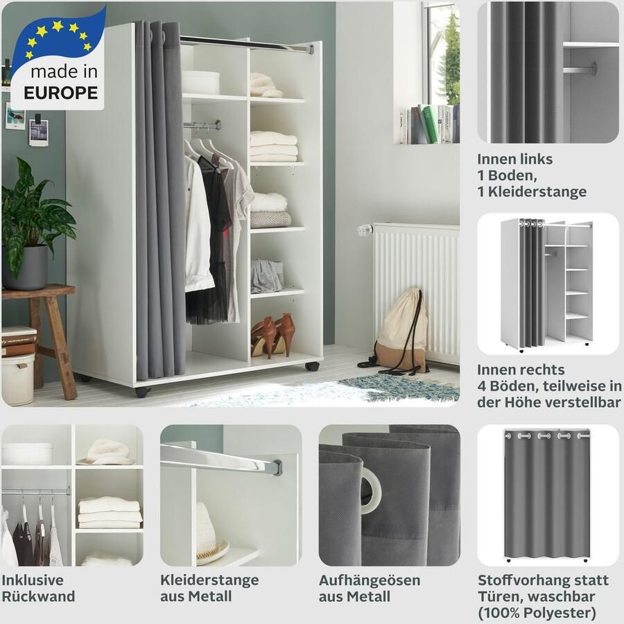 Schlafkontor Kledingkast Jenke kledingkast slaapkamerkast op wielen BESTSELLER Multifunctionele kledingkast met moderne gordijngarderobe