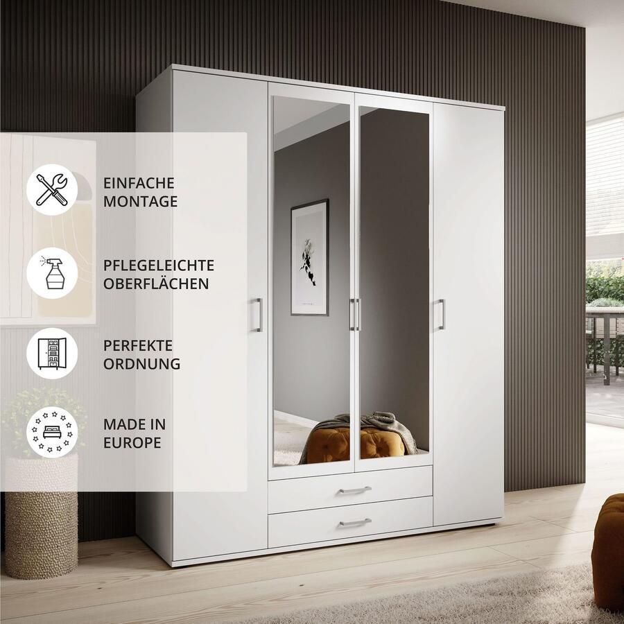 Emob Kledingkast Daniela 160cm met 4 deuren 2 lades & spiegel wit Slaapkamerkasten Wit Spiegel; Spaanplaat Slaapkamerkasten Op voorraad