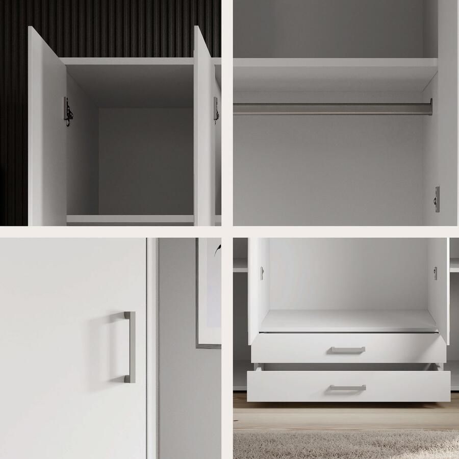 Emob Kledingkast Daniela 160cm met 4 deuren 2 lades & spiegel wit Slaapkamerkasten Wit Spiegel; Spaanplaat Slaapkamerkasten Op voorraad - Foto 2