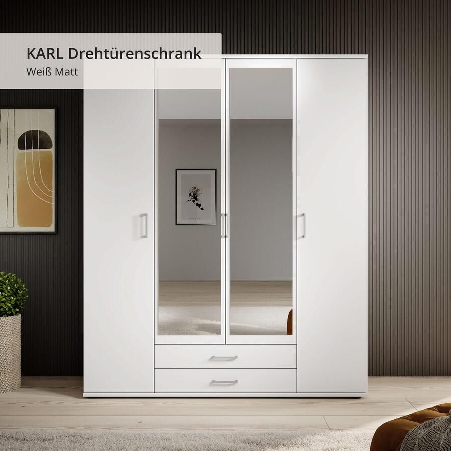 Emob Kledingkast Daniela 160cm met 4 deuren 2 lades & spiegel wit Slaapkamerkasten Wit Spiegel; Spaanplaat Slaapkamerkasten Op voorraad - Foto 3