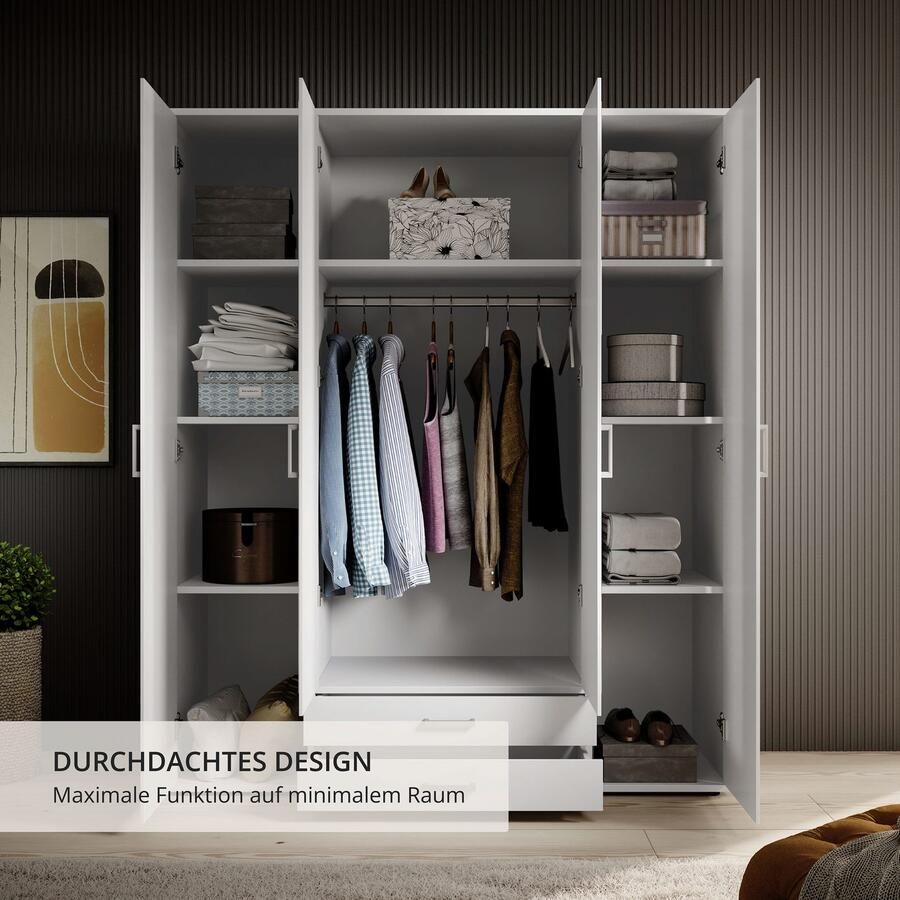 Emob Kledingkast Daniela 160cm met 4 deuren 2 lades & spiegel wit Slaapkamerkasten Wit Spiegel; Spaanplaat Slaapkamerkasten Op voorraad - Foto 4