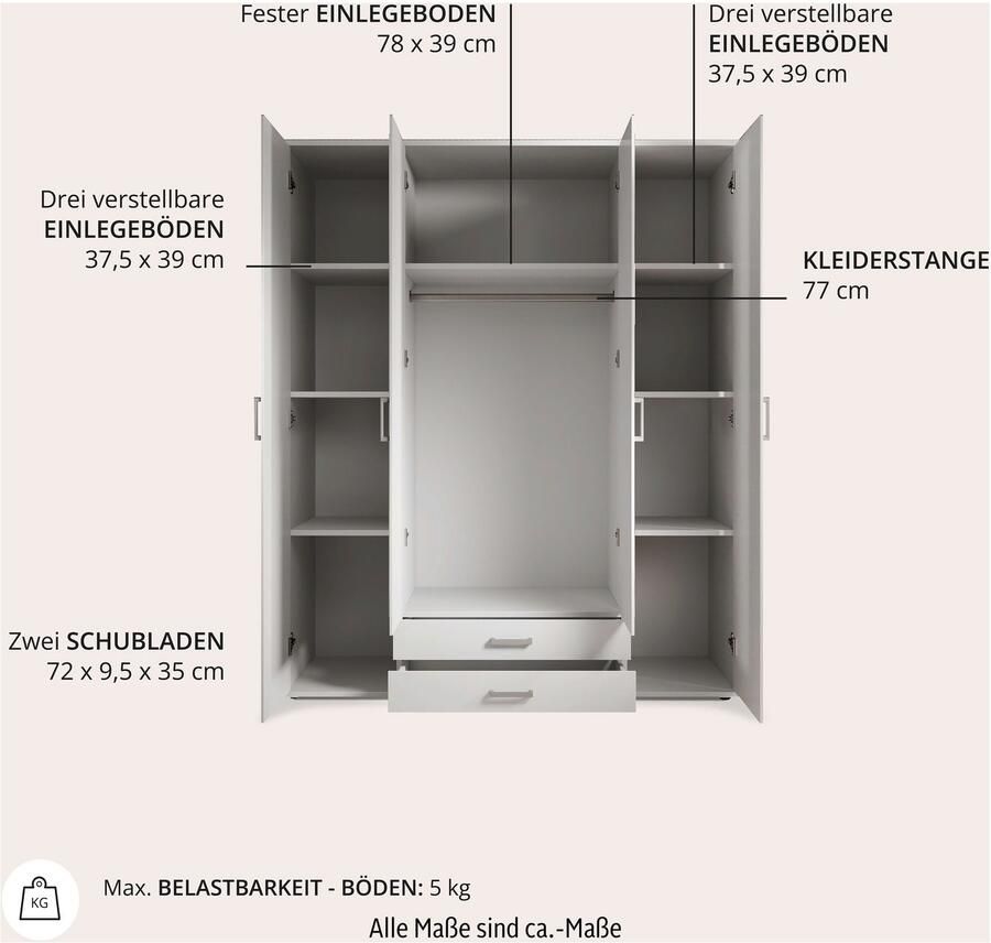 Emob Kledingkast Daniela 160cm met 4 deuren 2 lades & spiegel wit Slaapkamerkasten Wit Spiegel; Spaanplaat Slaapkamerkasten Op voorraad - Foto 6