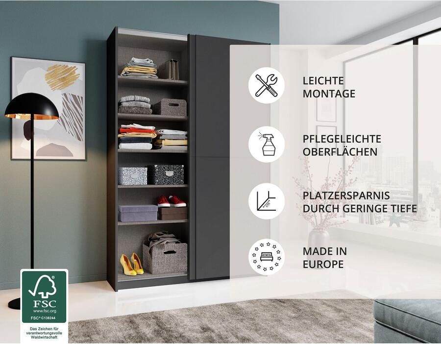 Schlafkontor Schuifdeurkast Heimo Fast kast kledingkast garderobe OTTO´s CHOICE weinig diepte uitschuifbare kledingstang garderobekast 6 planken - Foto 6