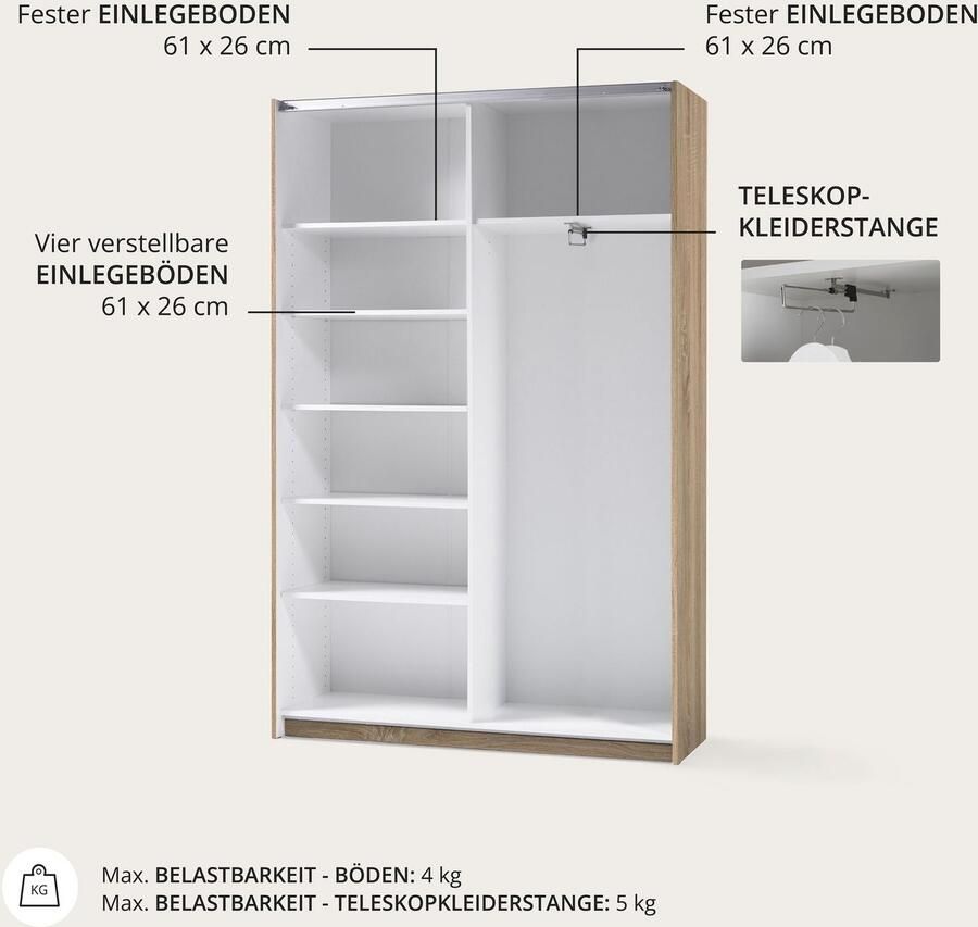 Schlafkontor Schuifdeurkast Heimo Fast kast kledingkast garderobe OTTO´s CHOICE weinig diepte uitschuifbare kledingstang garderobekast 6 planken - Foto 3