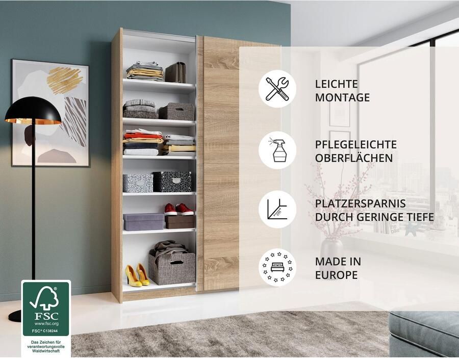 Schlafkontor Schuifdeurkast Heimo Fast kast kledingkast garderobe OTTO´s CHOICE weinig diepte uitschuifbare kledingstang garderobekast 6 planken - Foto 7