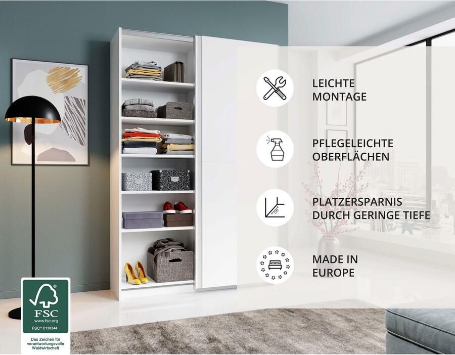 Schlafkontor Schuifdeurkast Heimo Fast kast kledingkast garderobe OTTO´s CHOICE weinig diepte uitschuifbare kledingstang garderobekast 6 planken - Foto 6