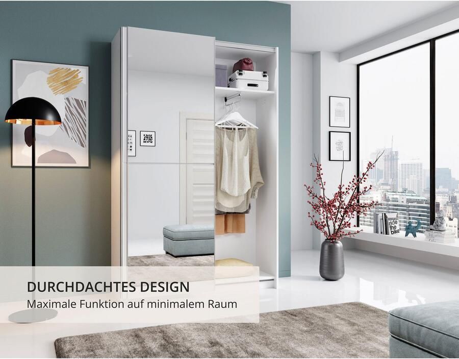 Schlafkontor Zweefdeurkast Heimo Fast Kast Kledingkast Garderobe weinig diepte uitschuifbare kledingstang garderobekast 6 planken - Foto 4