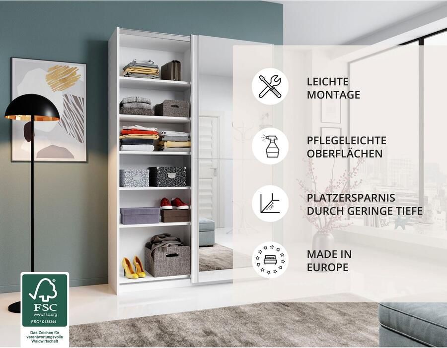 Schlafkontor Zweefdeurkast Heimo Fast Kast Kledingkast Garderobe weinig diepte uitschuifbare kledingstang garderobekast 6 planken - Foto 5