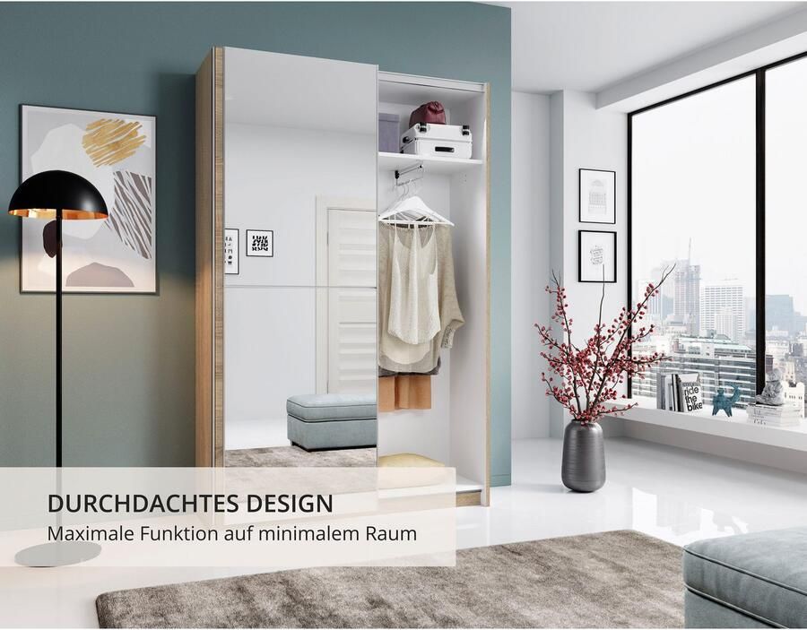 Schlafkontor Zweefdeurkast Heimo Fast Kast Kledingkast Garderobe weinig diepte uitschuifbare kledingstang garderobekast 6 planken - Foto 4