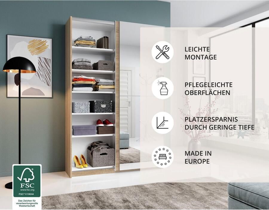 Schlafkontor Zweefdeurkast Heimo Fast Kast Kledingkast Garderobe weinig diepte uitschuifbare kledingstang garderobekast 6 planken - Foto 6