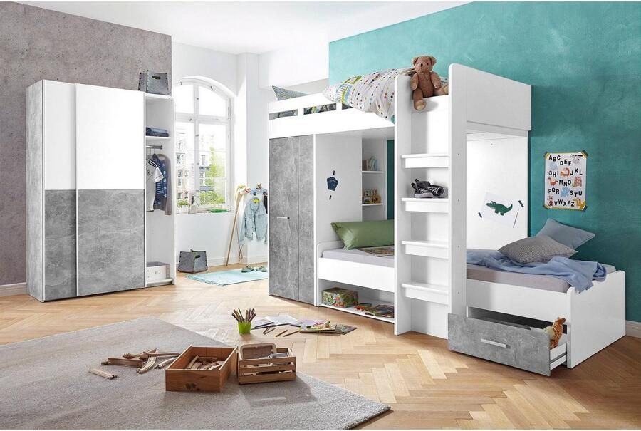 Emob Stapelbed Lopes 90x200cm met kast beton wit Kinderbedden met uitvalbeveiliging Wit; Grijs; Betonlook Spaanplaat Kinderbedden met uitvalbeveiliging Eenpersoons Stapelbed Op voorraad - Foto 3