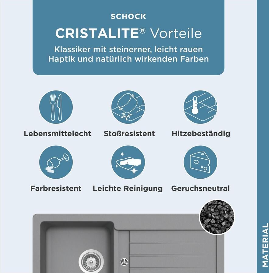 Schock Granieten spoelbak Typos D-100 S met afvoer en druppelzone links en rechts in te bouwen