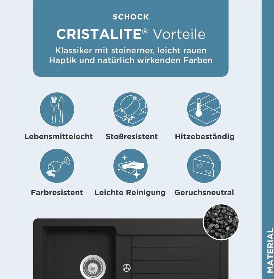 Schock Granieten spoelbak Typos D-100 S met afvoer en druppelzone links en rechts in te bouwen