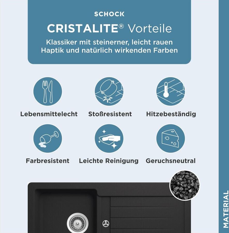 Schock Granieten spoelbak Typos D-100 S met afvoer en druppelzone links en rechts in te bouwen