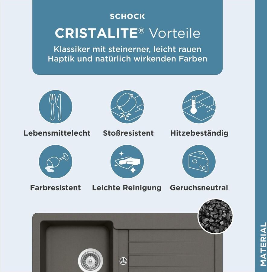 Schock Granieten spoelbak Typos D-100 S met afvoer en druppelzone links en rechts in te bouwen