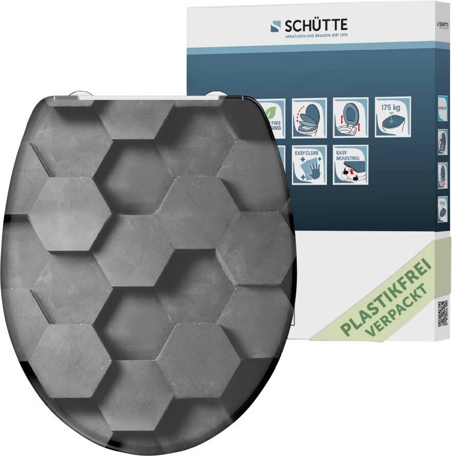 Schütte Toiletzitting Grey Hexagons Duroplast met softclosemechanisme en snelsluiting