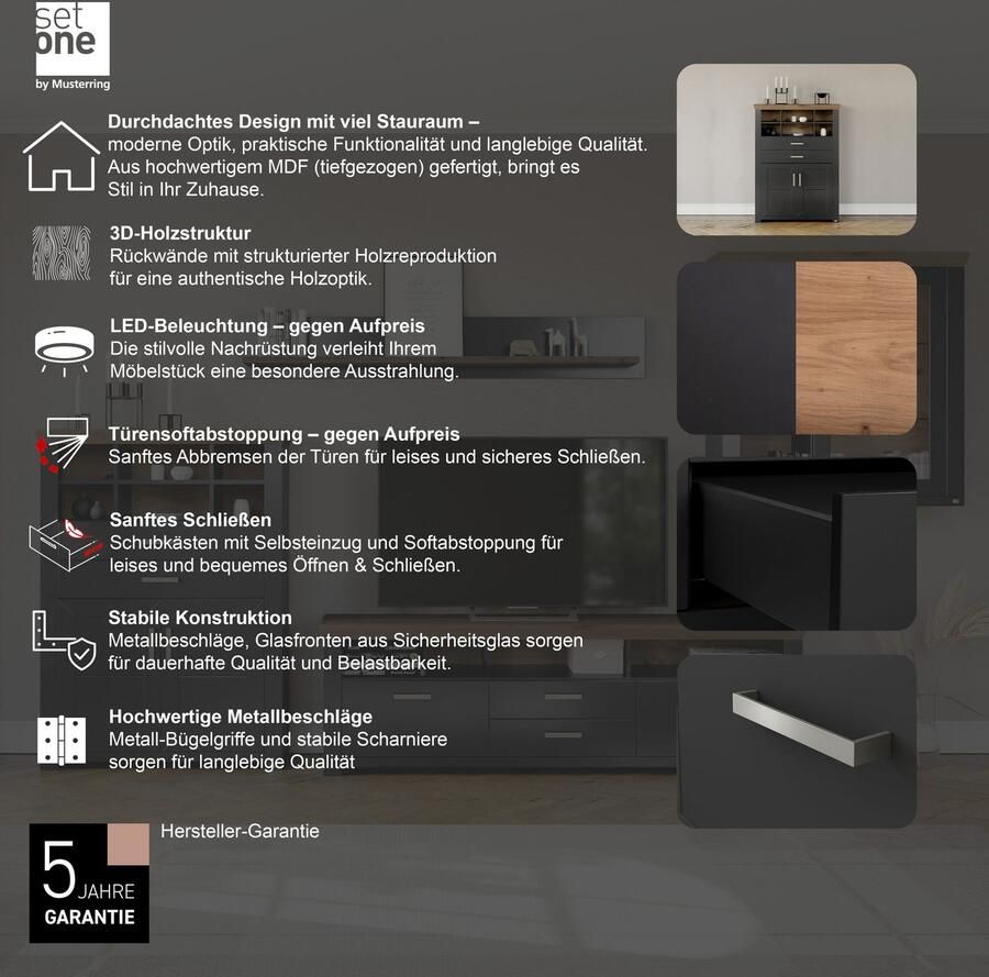 Set one by Musterring Highboard York Type 16 met houten deuren en lade verlichting optioneel B 105 cm