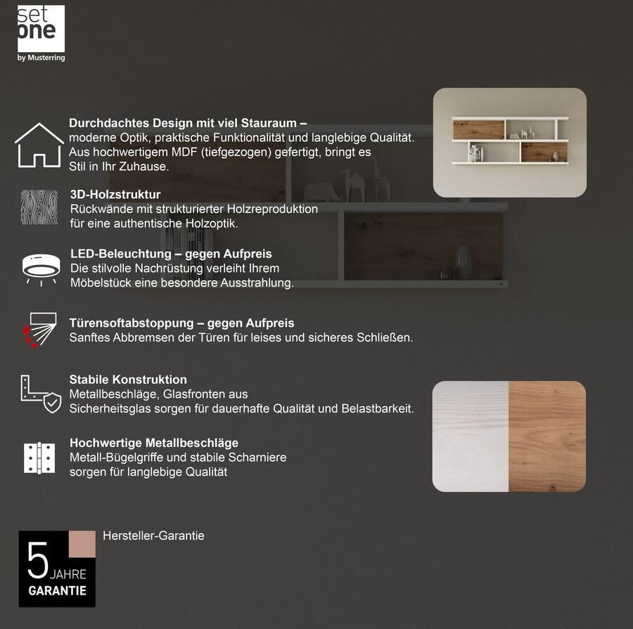 Set one by Musterring Wandplank York Type 43 met 3 planken 3 kleuren verlichting optioneel B 150 cm