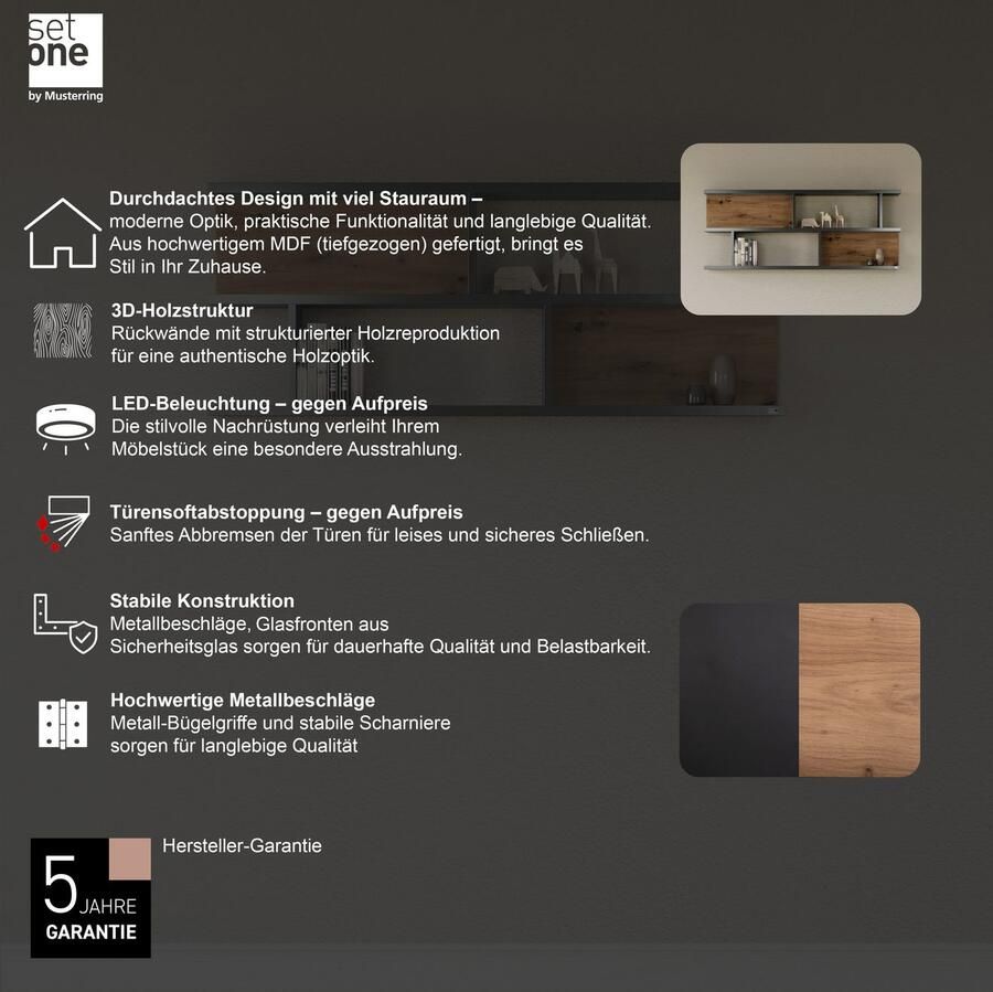 Set one by Musterring Wandplank York Type 43 met 3 planken 3 kleuren verlichting optioneel B 150 cm