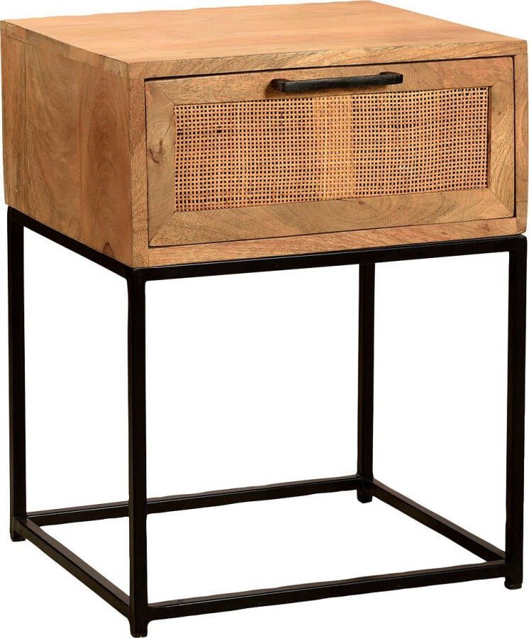 Hermoso Living CANE Bijzettafel lade kast Naturel mangohout met rotan frond en zwart stalen frame - Foto 2