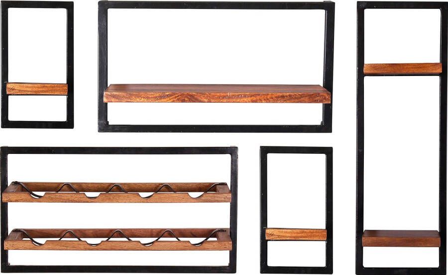 SIT Wandplank Panama Kastenset set van 5 in industrial-stijl mangohout en metaal (set 5 stuks)