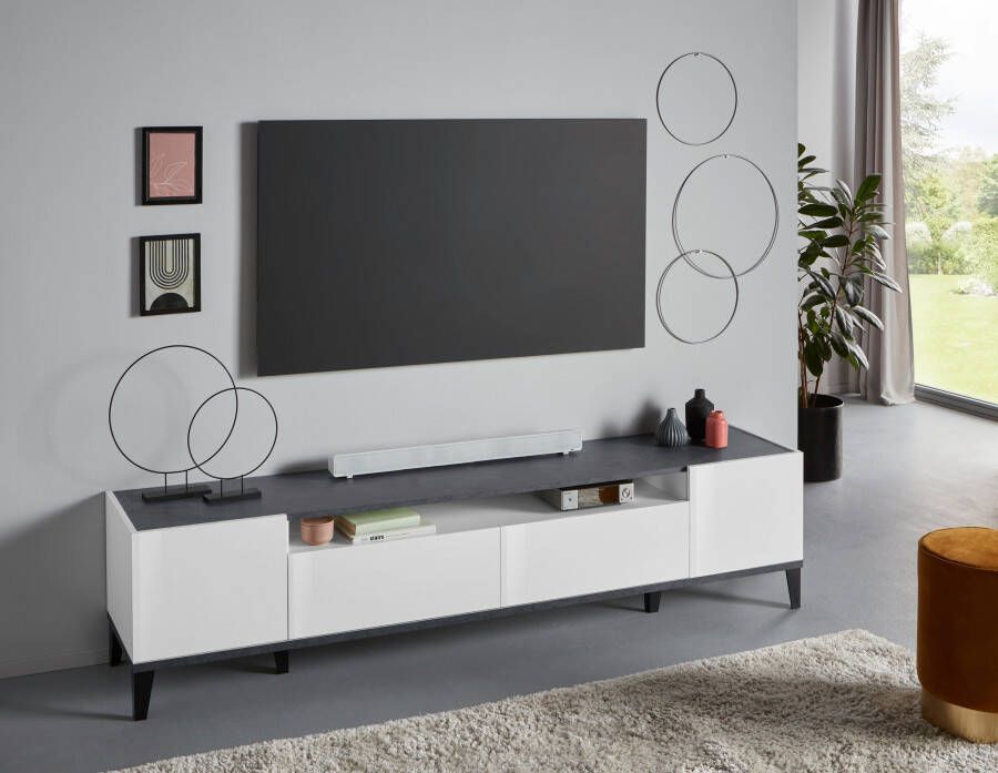 Mister interior SUNRISE TV meubel 200 cm Stijlvol Wit Hoogglans en Leisteen Design Hoogwaardige Kwaliteit