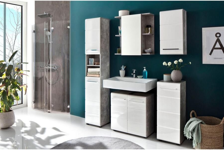 Hioshop NanoBad badkamerkast 1 deur betonsteen decor wit hoogglans. - Foto 4