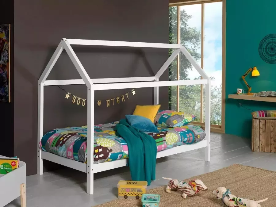 Vipack Kinderbed Dallas 90x200cm Kajuitbed Bed met Dak Peuterbed Ledikant Bedframe Wit