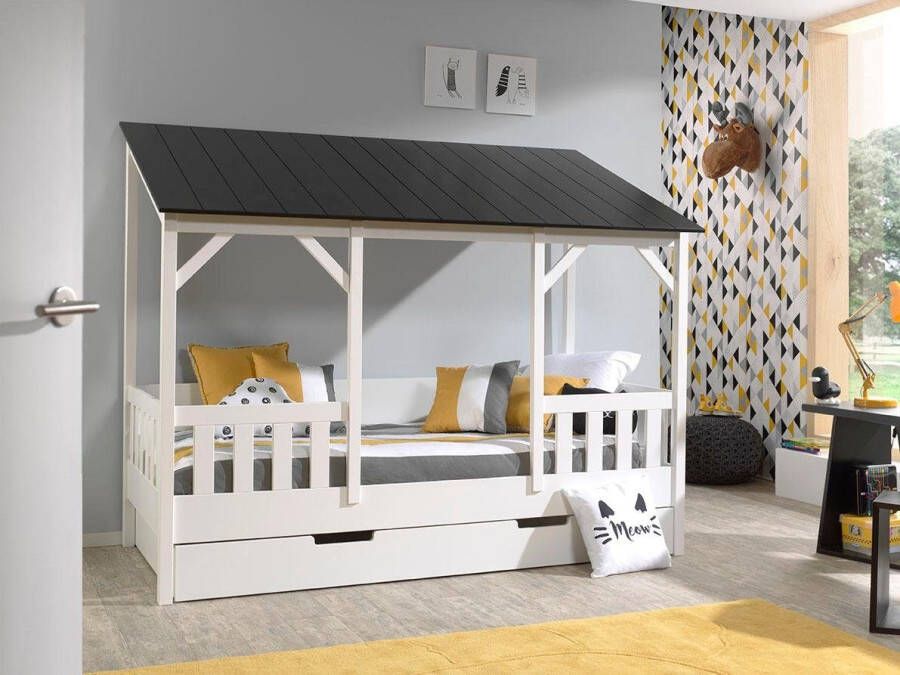Vipack Bed HuisBed inclusief vensterbanken heel dak en slaaplade 90 x 200 cm wit zwart - Foto 6