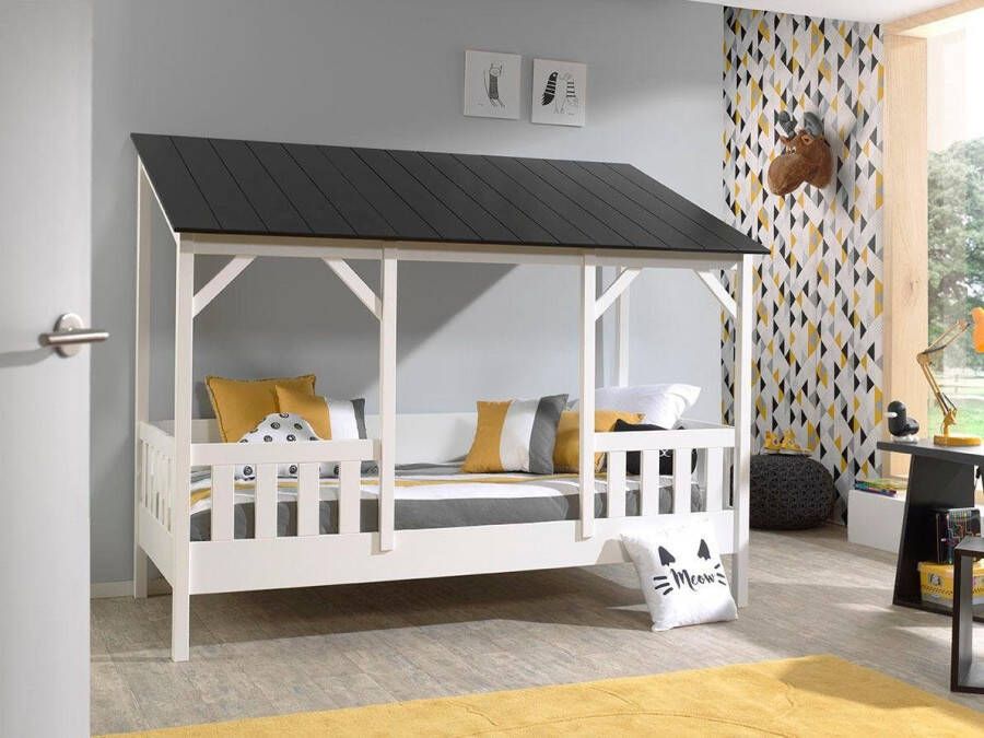Vipack Bed HuisBed inclusief vensterbanken en heel dak 90 x 200 cm wit zwart - Foto 2